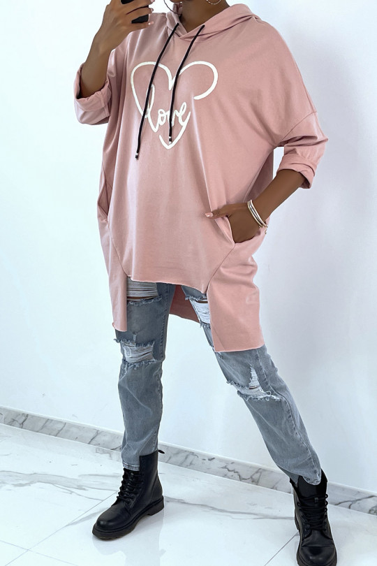 Pink oversize hoodie with writing and heart pattern - 1