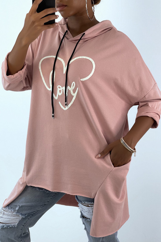 Pink oversize hoodie with writing and heart pattern - 3