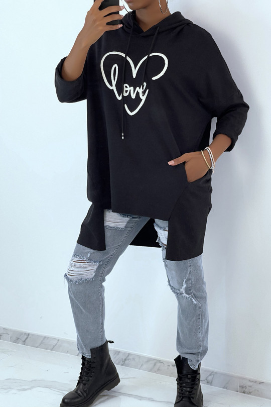 Black oversized hoodie with writing and heart motif - 1