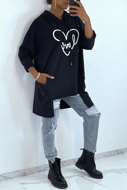 Black oversized hoodie with writing and heart motif - 3