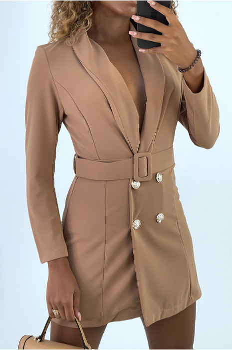 Veste blazer 3/4 en camel avec boutons et ceinture - 2