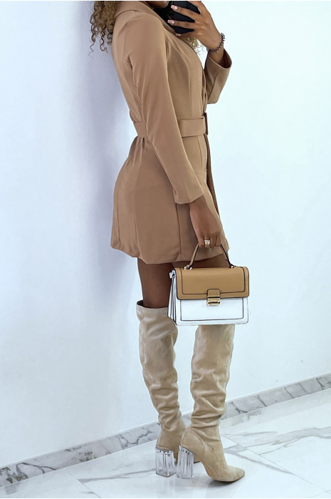 Veste blazer 3/4 en camel avec boutons et ceinture - 3