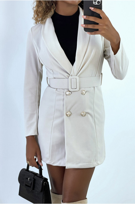 Veste blazer 3/4 en beige avec boutons et ceinture - 2