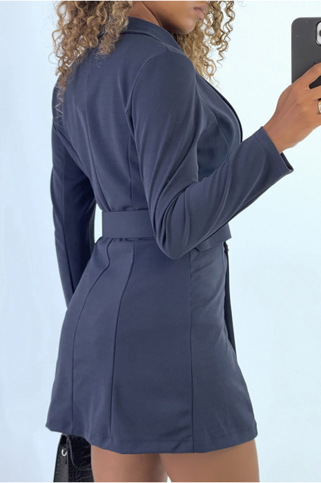 Veste blazer 3/4 en marine avec boutons et ceinture - 4
