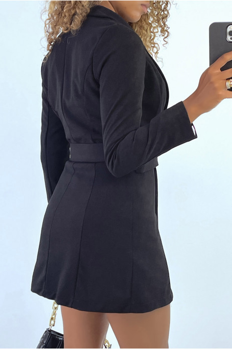 Veste blazer 3/4 en noir avec boutons et ceinture - 6