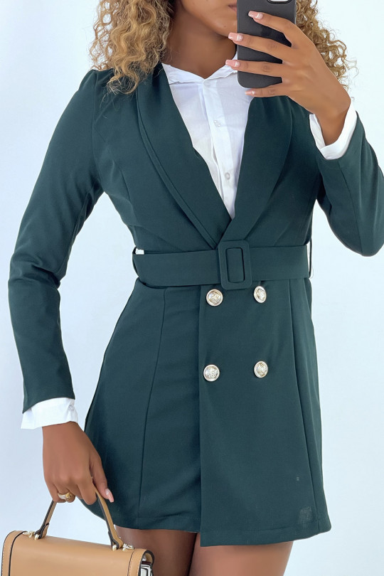 3/4 blazer jacket in green with buttons and belt - 2