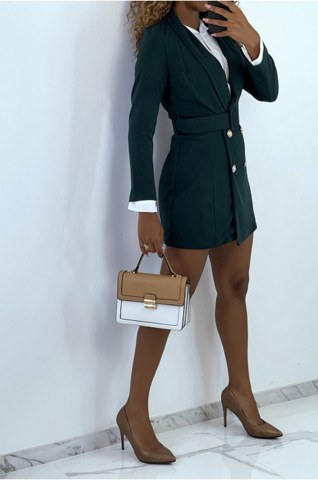 3/4 blazer jacket in green with buttons and belt - 4