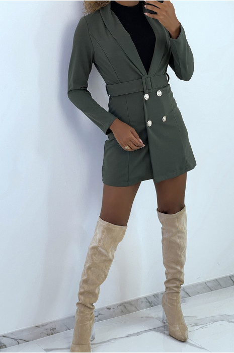 Veste blazer 3/4 en kaki avec boutons et ceinture - 1