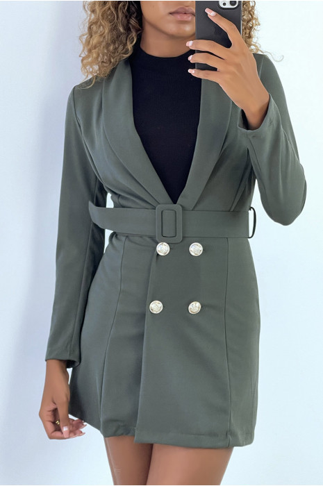 Veste blazer 3/4 en kaki avec boutons et ceinture - 3