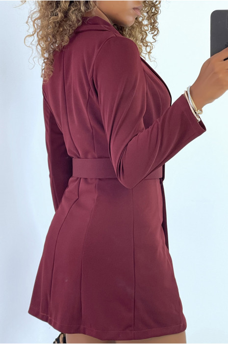 Veste blazer 3/4 en bordeaux avec boutons et ceinture - 4