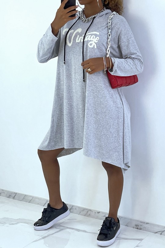Robe tunique grise avec écriture vintage et capuche - 1