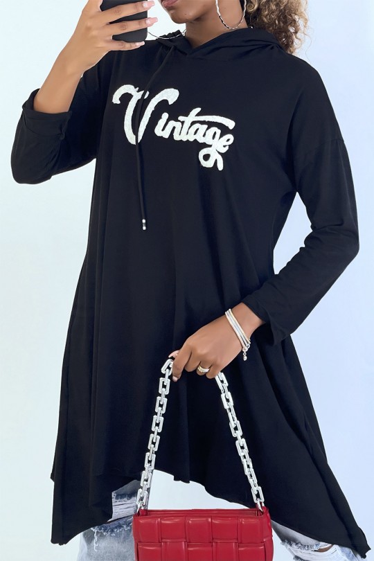Robe tunique noire avec écriture vintage et capuche - 2