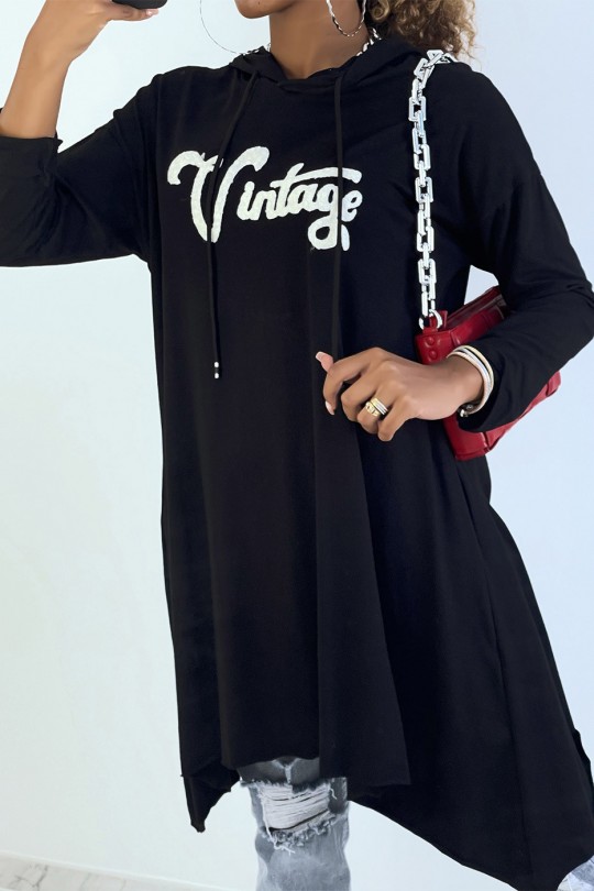 Robe tunique noire avec écriture vintage et capuche - 3