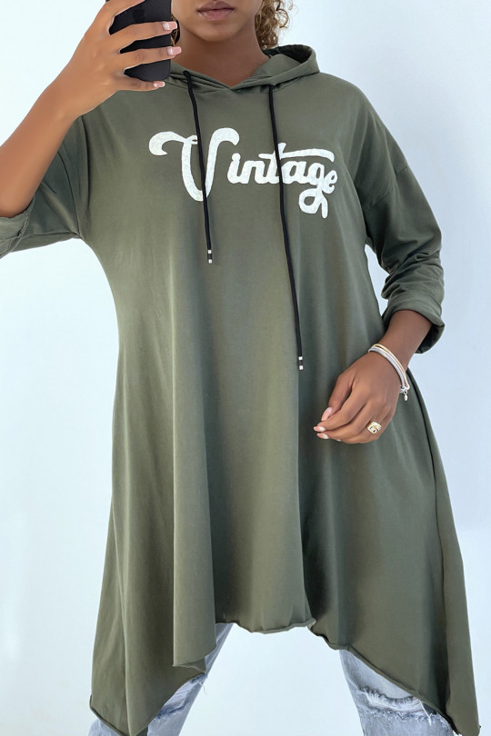 Robe tunique kaki avec écriture vintage et capuche - 4