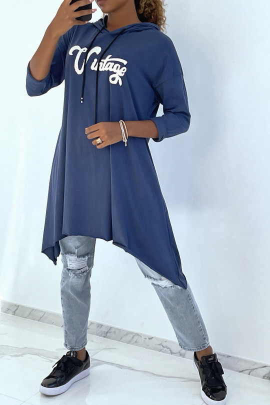 Robe tunique indigo avec écriture vintage et capuche - 1