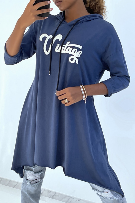 Robe tunique indigo avec écriture vintage et capuche - 2