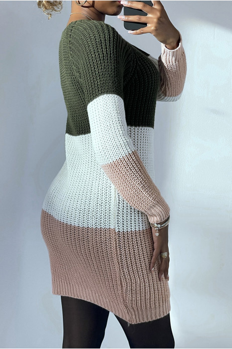 Robe pull tri-color avec collier et kaki en haut - 3