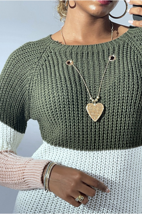 Robe pull tri-color avec collier et kaki en haut - 4