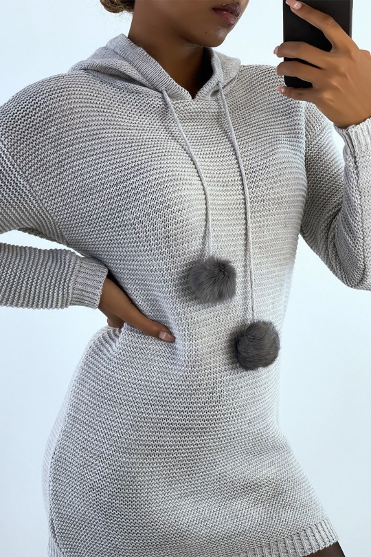 Robe pull gris à capuche avec lacet pompon - 5