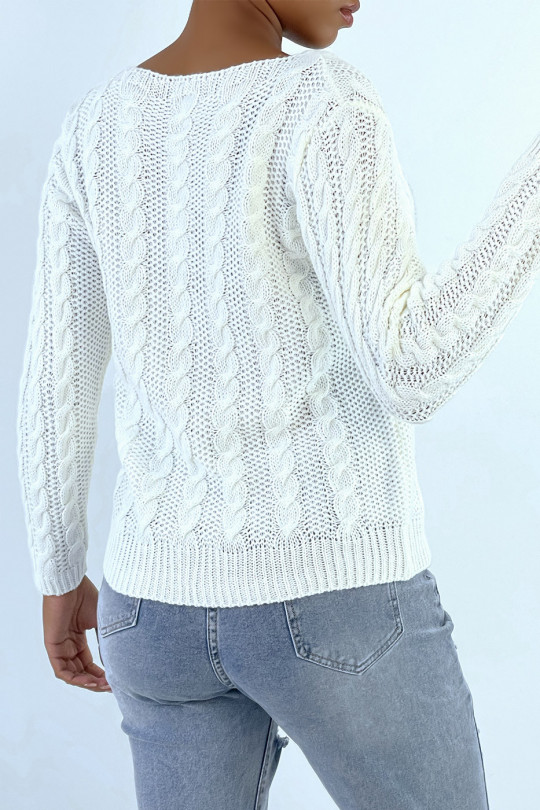 Pull Blanc en maille torsadée, et col à zip réglable. - 8