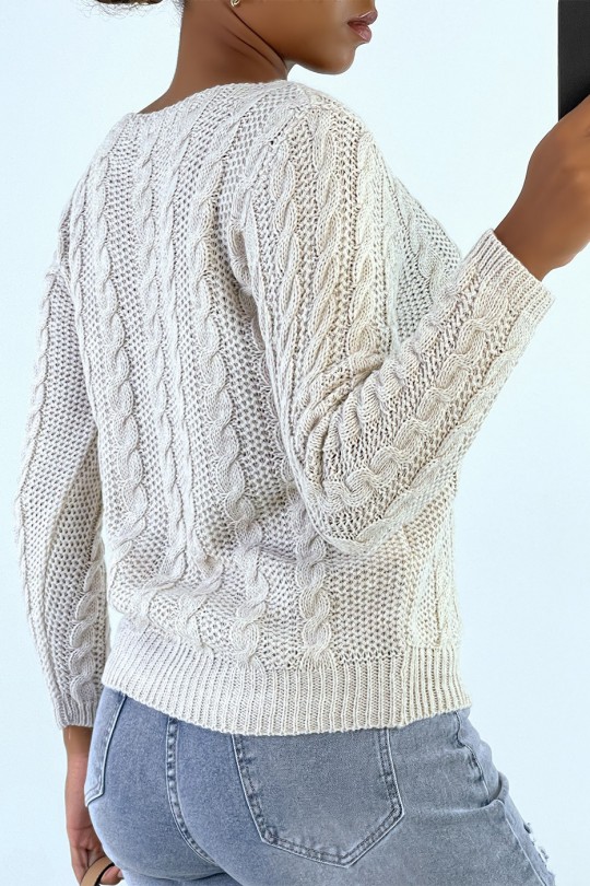 Pull beige en maille torsadée, et col à zip réglable. - 8