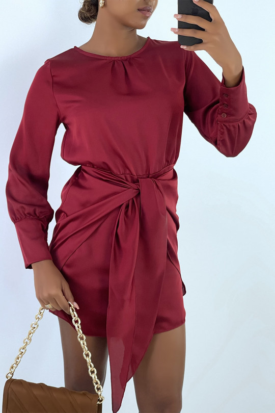Satin dress in red with crossed band for bow at the front - 2