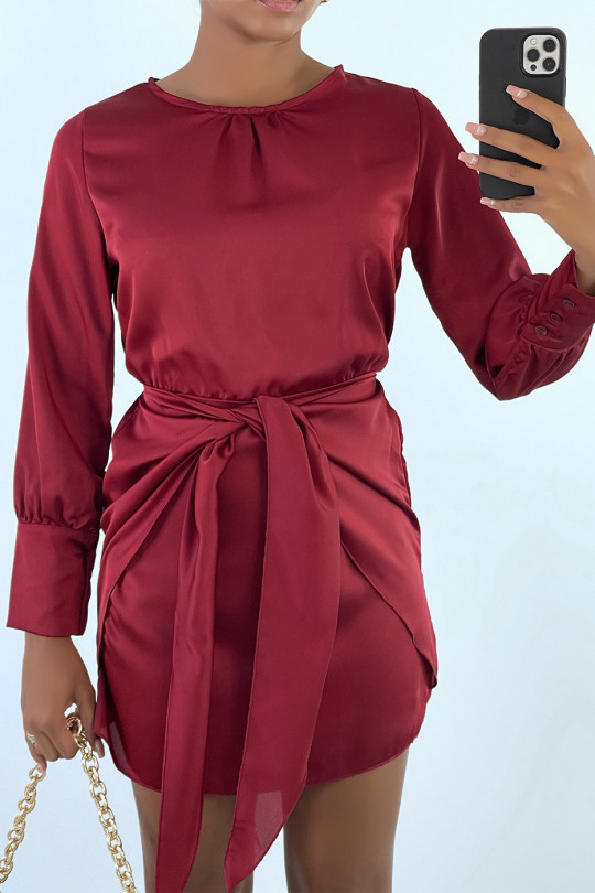 Satin dress in red with crossed band for bow at the front - 6