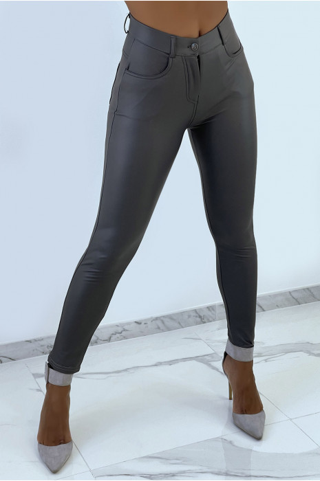 Antracietkleurige imitatieleren broek met zakken. Goedkope damesbroeken - 2