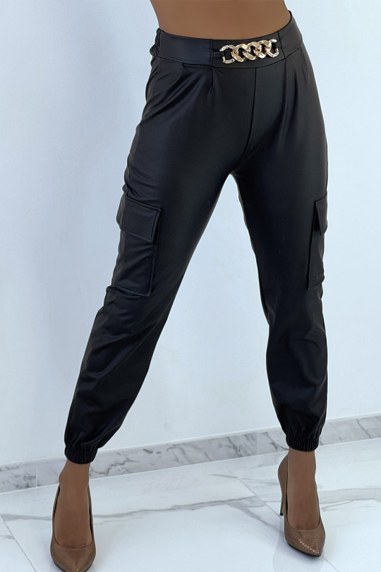 Loose fit black cargo jogging pants with accessory - 1