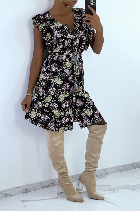 Robe fluide noir volantée à boutons et imprimé floral - 4