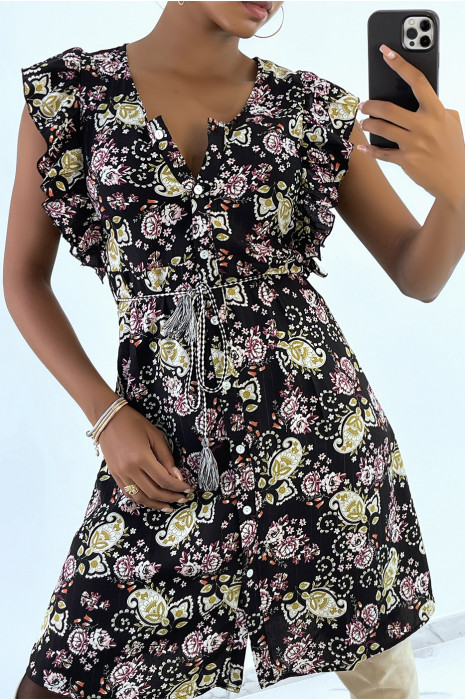 Robe fluide noir volantée à boutons et imprimé floral - 1