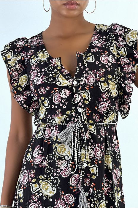 Robe fluide noir volantée à boutons et imprimé floral - 2