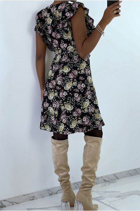 Robe fluide noir volantée à boutons et imprimé floral - 3