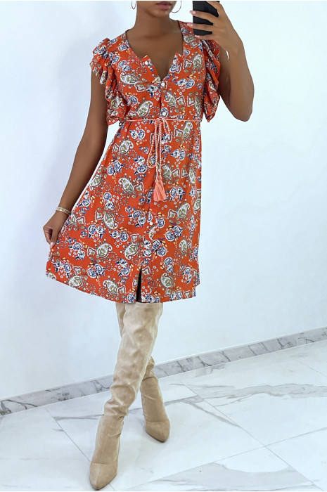 Oranje vloeiende jurk met knopen en bloemenprint - 1
