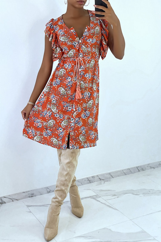 Oranje vloeiende jurk met knopen en bloemenprint - 1
