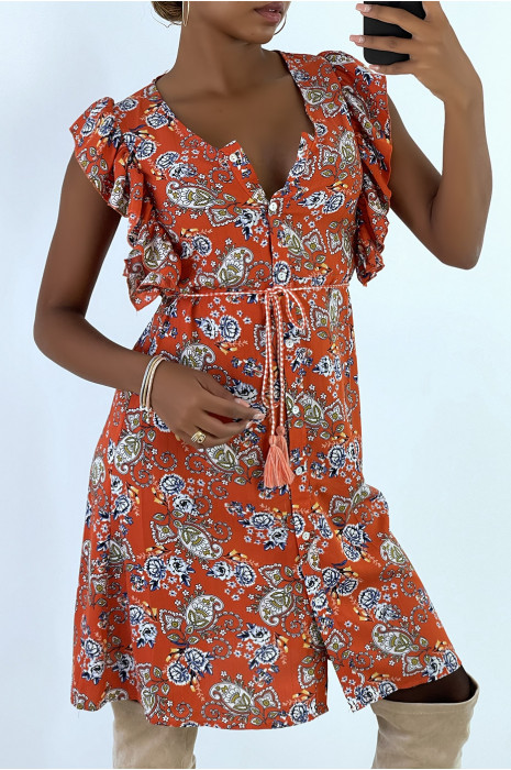 Orange flowing dress with buttons and floral print - 2
