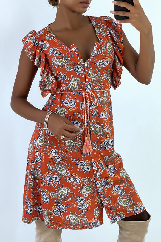 Oranje vloeiende jurk met knopen en bloemenprint - 2