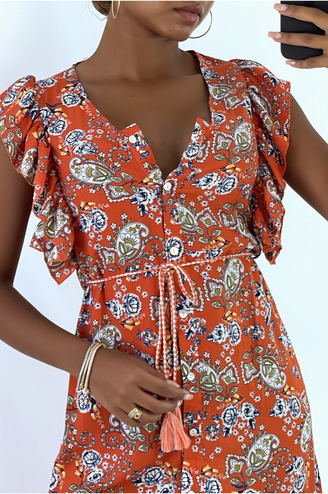 Robe fluide orange volantée à boutons et imprimé floral - 3