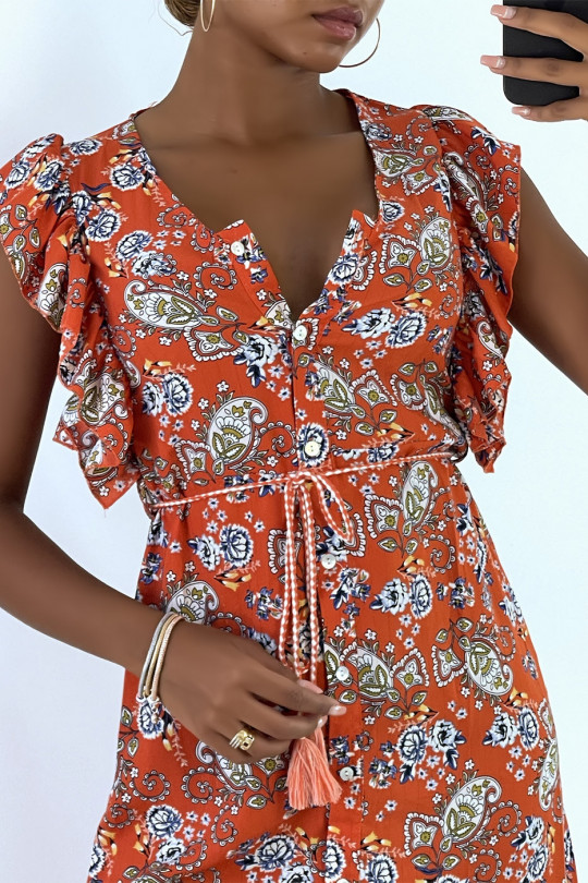 Oranje vloeiende jurk met knopen en bloemenprint - 3