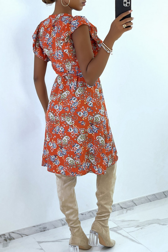 Oranje vloeiende jurk met knopen en bloemenprint - 5