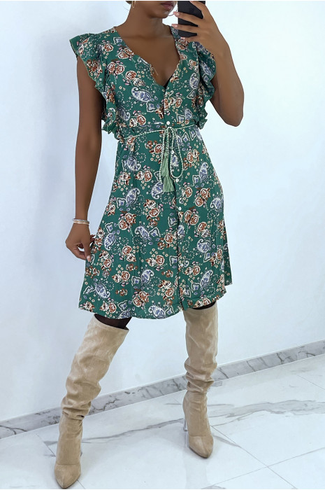 Robe fluide vert volantée à boutons et imprimé floral - 1
