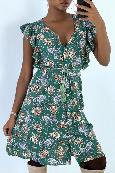 Robe fluide vert volantée à boutons et imprimé floral - 2