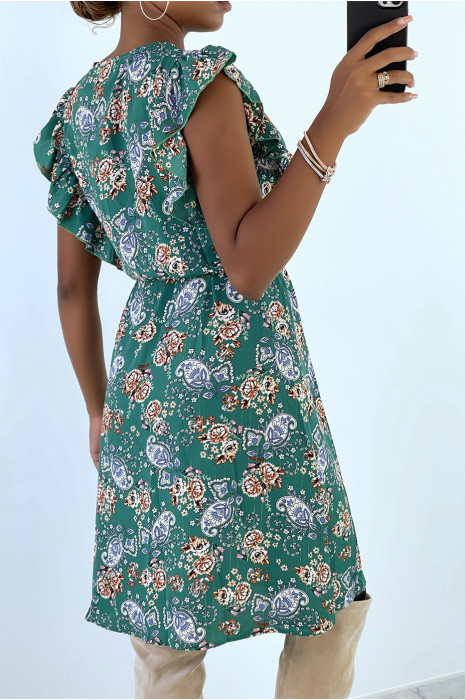 Robe fluide vert volantée à boutons et imprimé floral - 4