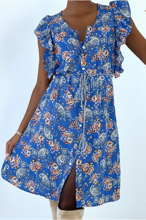 Blue flowing dress with buttons and floral print - 1