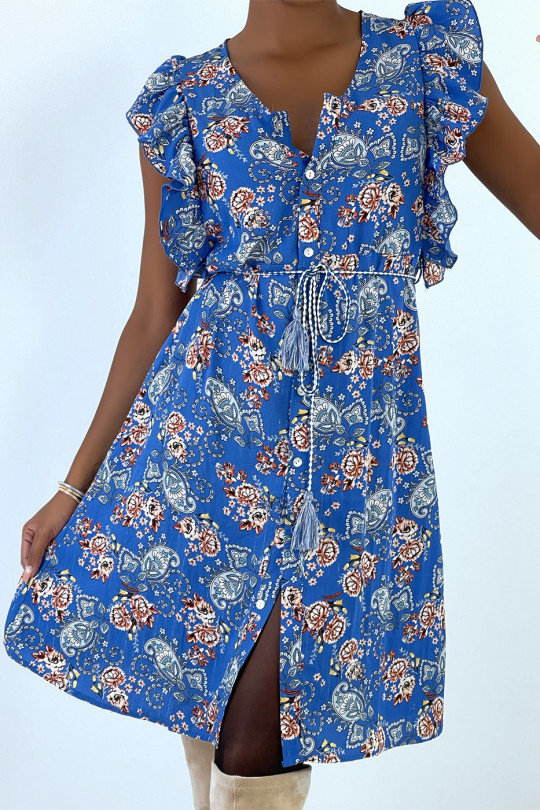 Blauwe soepelvallende jurk met knopen en bloemenprint - 1