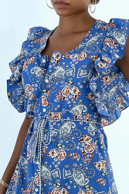 Blauwe soepelvallende jurk met knopen en bloemenprint - 2