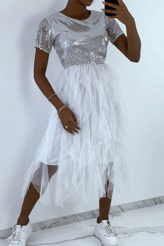 White sequin evening dress with flounce at the skirt - 1