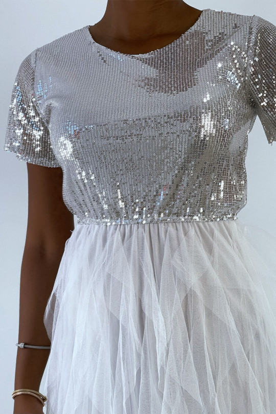 White sequin evening dress with flounce at the skirt - 2