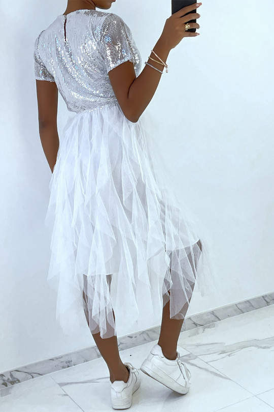 White sequin evening dress with flounce at the skirt - 3