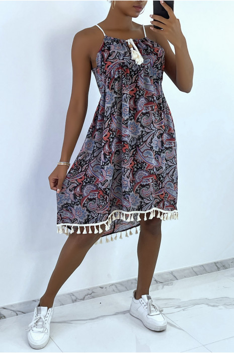 Robe noire à motif avec bretelle lacet et pompon - 1